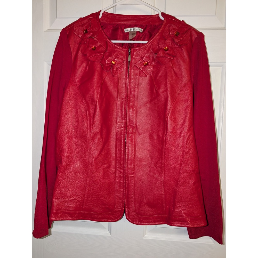 Peter Nygard Red Leather Floral Applique Knit Sleeve Zip Jacket XL Artsy